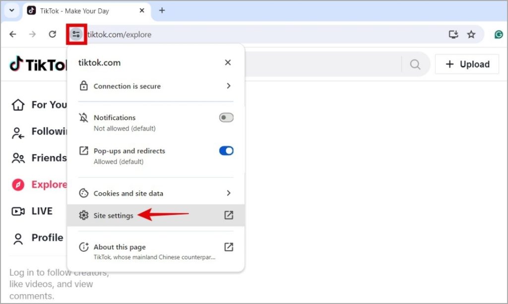 Configuración del sitio de Tiktok en Chrome