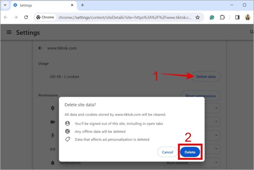 Datos del sitio claros de Tiktok en Chrome