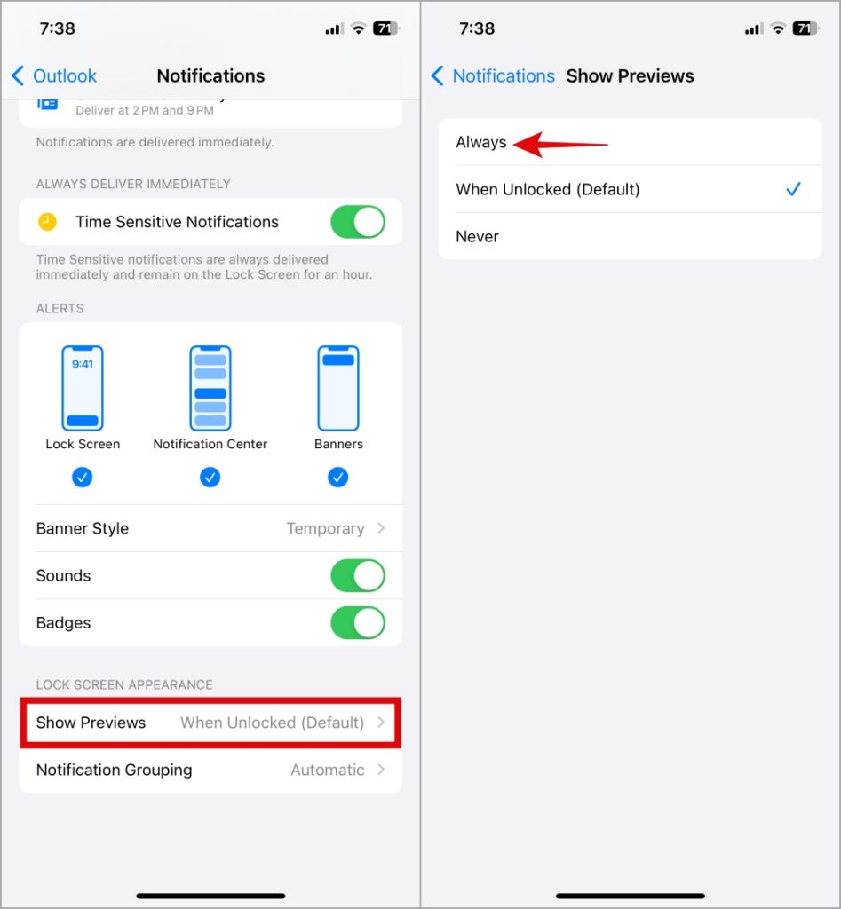 Configurar Outlook para mostrar una vista previa de notificación en iPhone