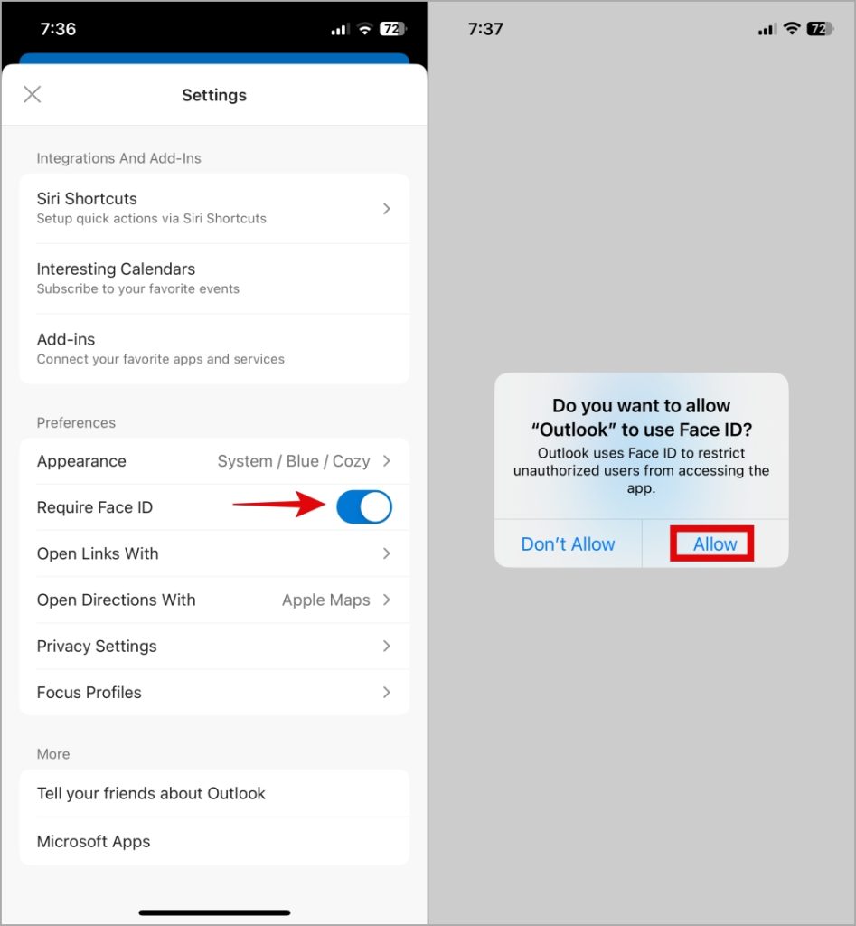 Habilitar Face ID para Outlook en iPhone