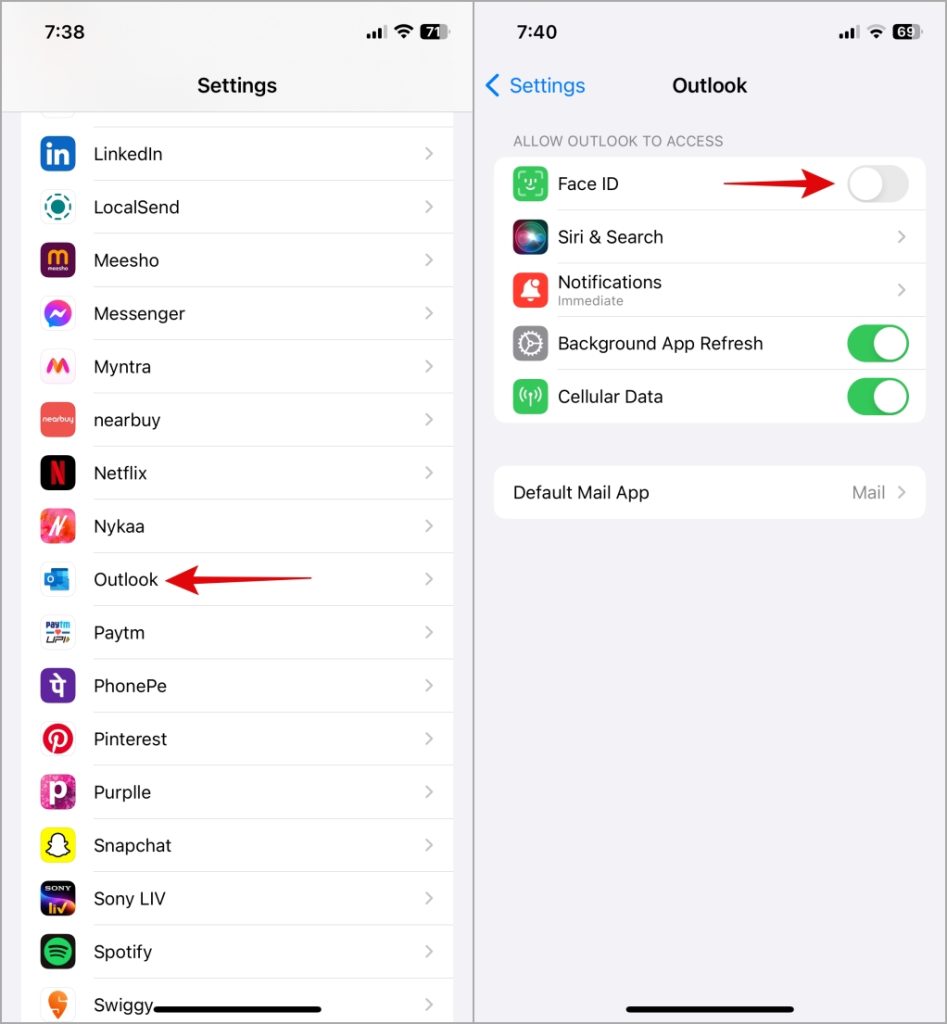 Desactivar Face ID para Outlook en iPhone