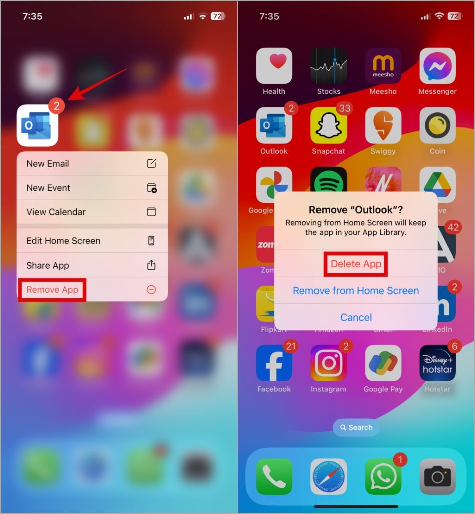 Desinstalar Outlook de iPhone
