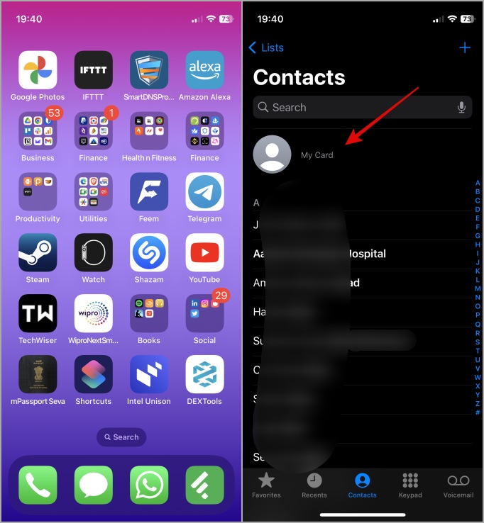 mi tarjeta en la aplicación telefónica en iPhone