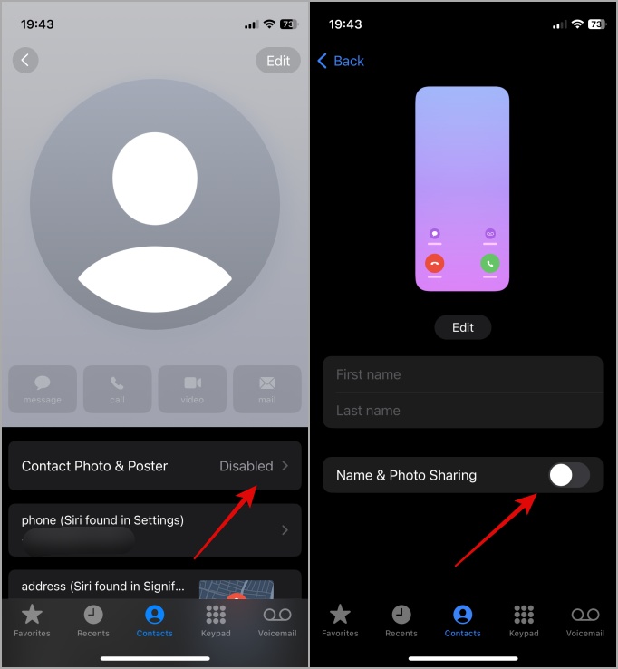 Habilitar el nombre y el intercambio de fotos en iPhone