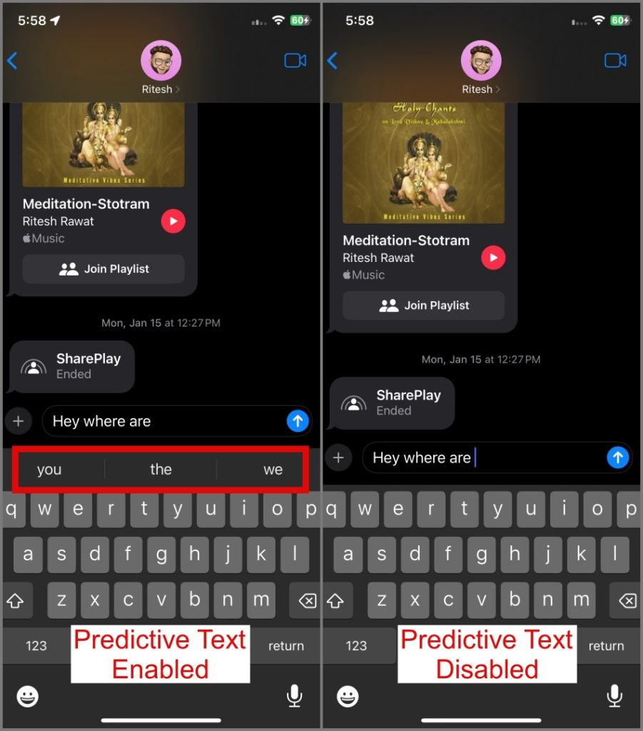 Texto predictivo en iPhone encendido y apagado