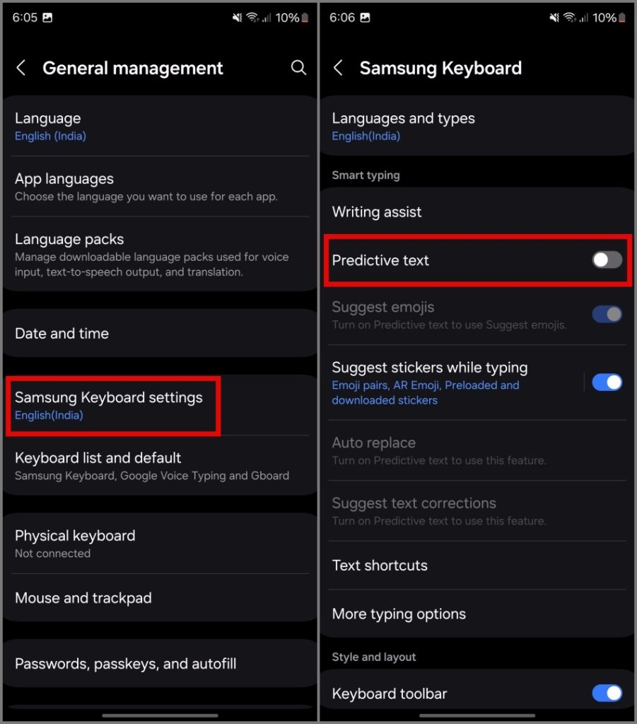 Deshabilitar texto predictivo en el teléfono Samsung Galaxy