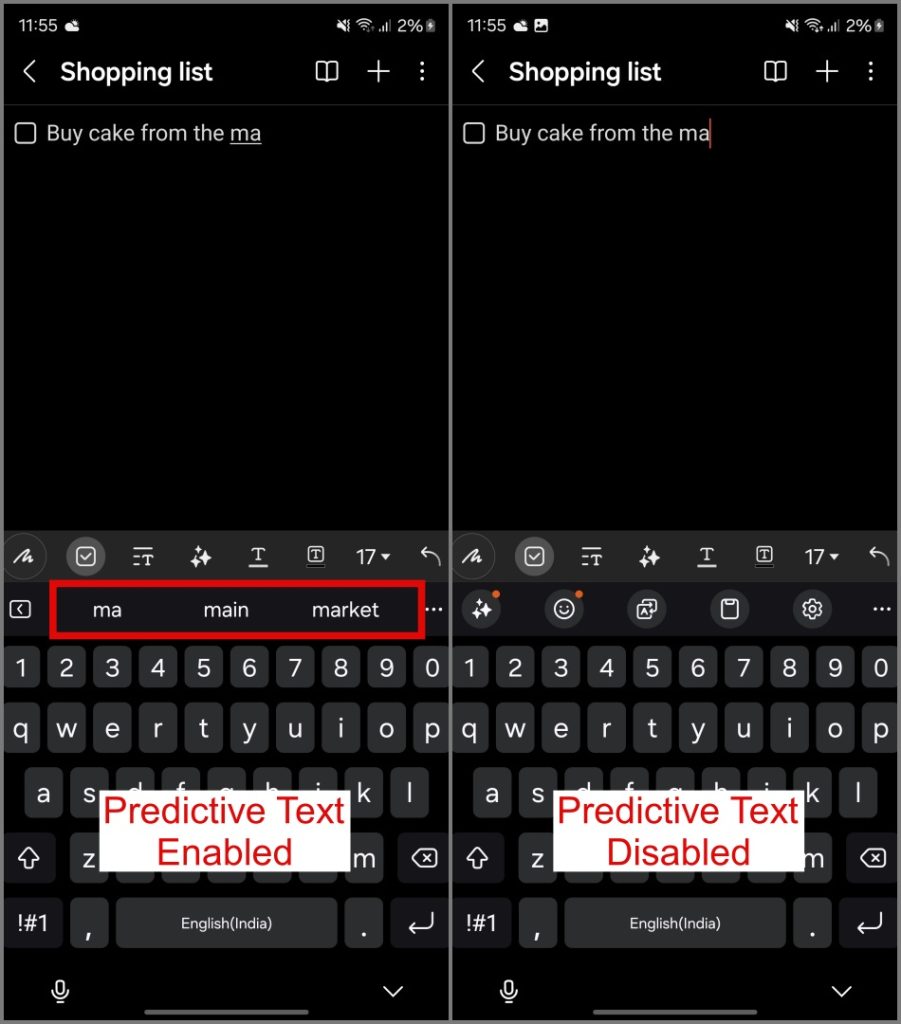Texto predictivo de encendido y apagado en Samsung Galaxy