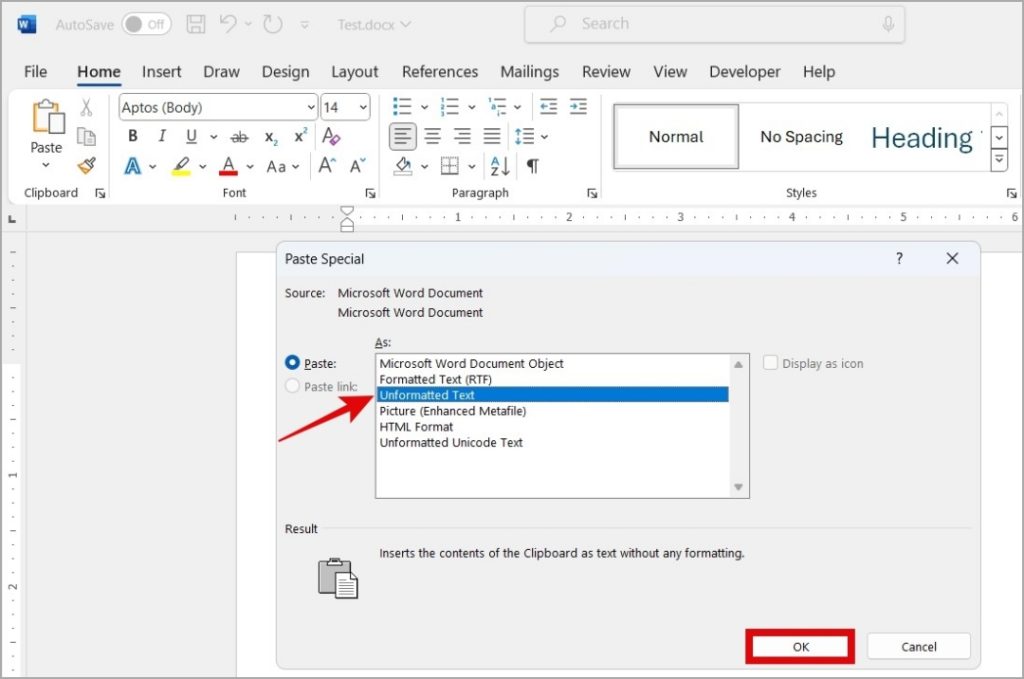 Pegar texto sin formato en Word