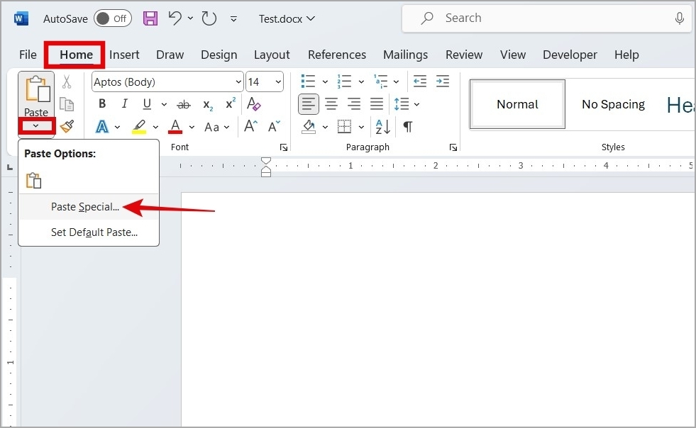 Pegar opción especial en Microsoft Word