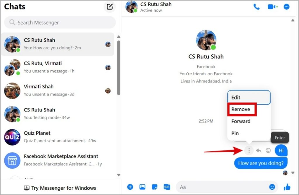 Eliminar un mensaje en Messenger para escritorio