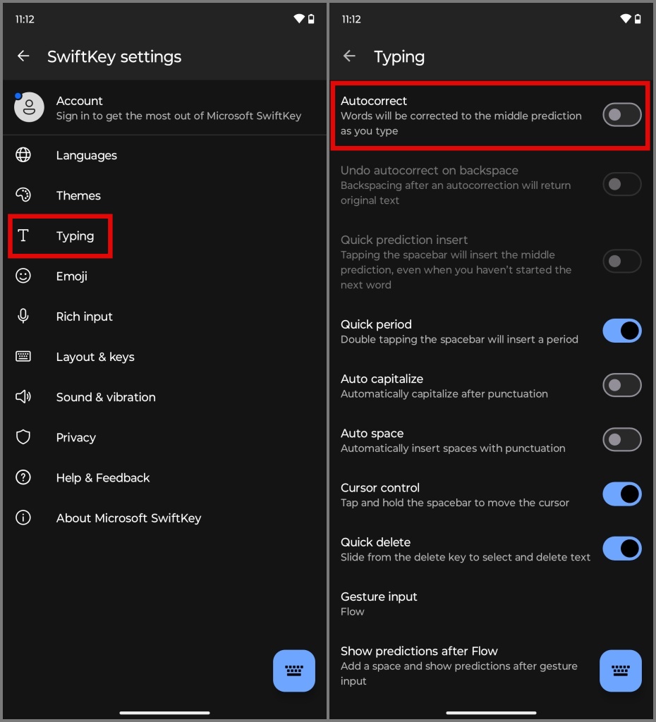 Apague la autocorrección en el swiftkey