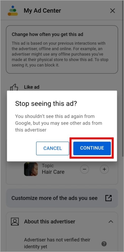 Confirmar Bloque un anuncio específico en YouTube