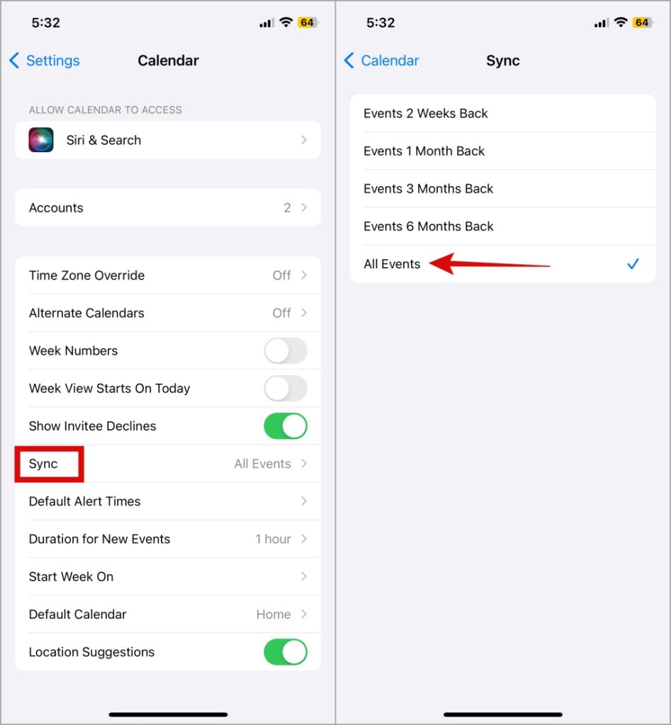 Configuración de sincronización del calendario en iPhone