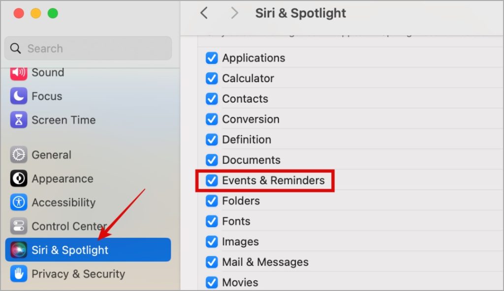 Deshabilitar la búsqueda de eventos y recordatorios