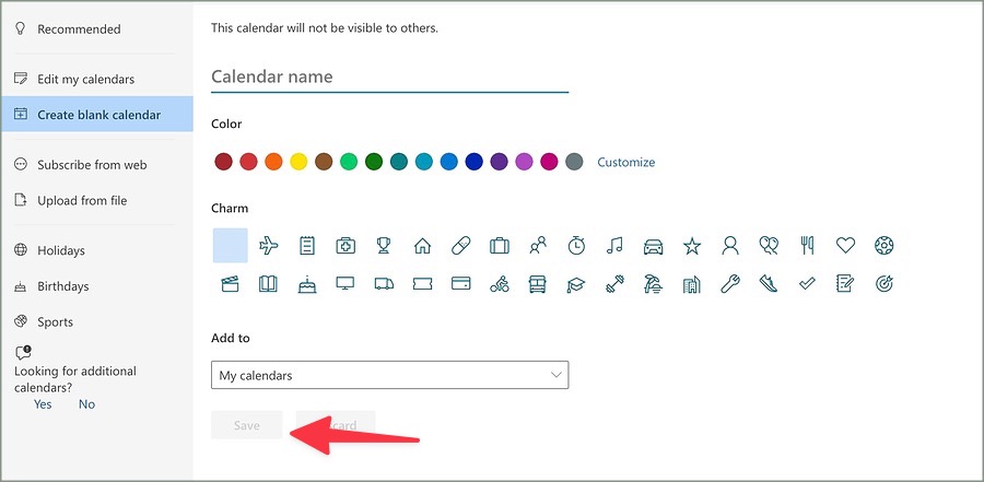 Crea un calendario en blanco en Outlook