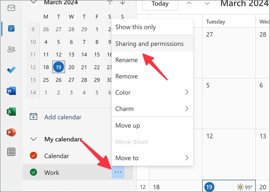 Editar compartir y permisos para el nuevo calendario en Outlook