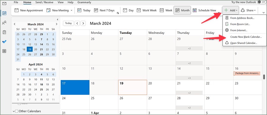 Agregar nuevo calendario en Outlook Classic
