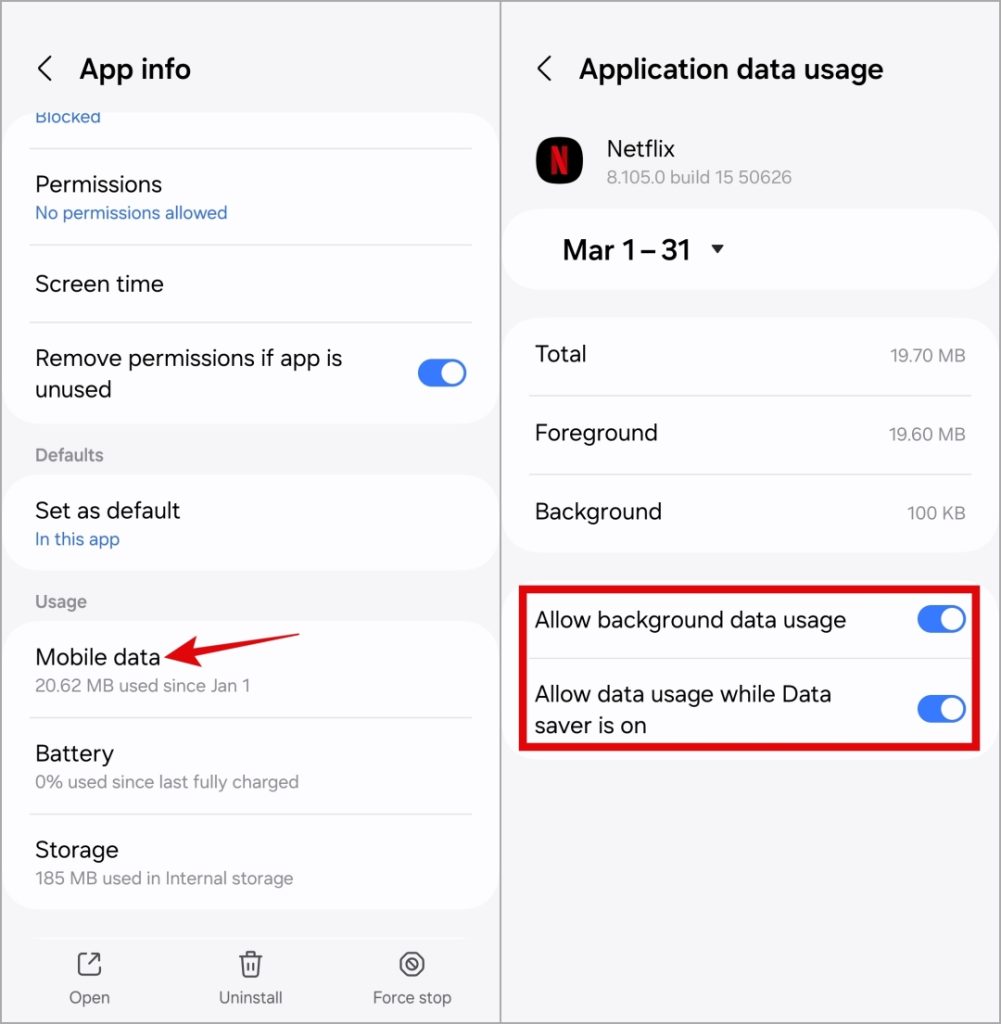 Habilitar el uso de datos de fondo para Netflix en Android