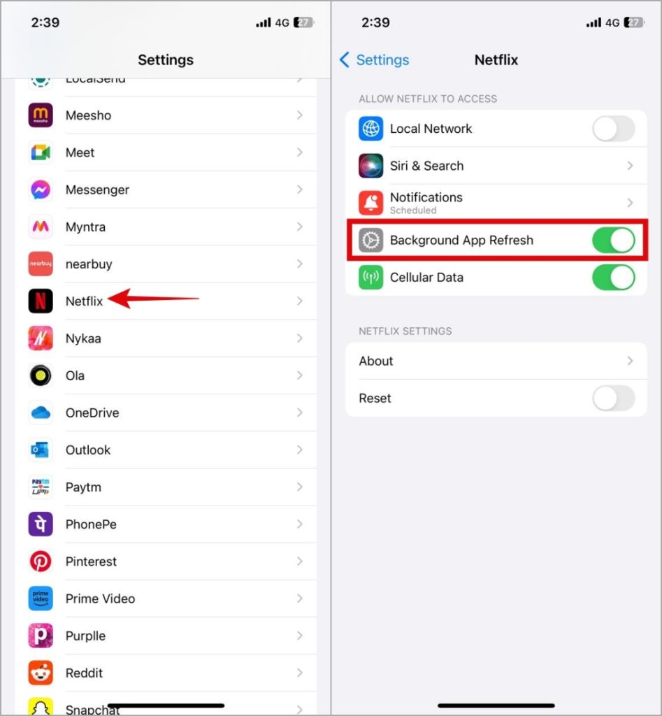 Habilitar la actualización de la aplicación de fondo para Netflix en iPhone