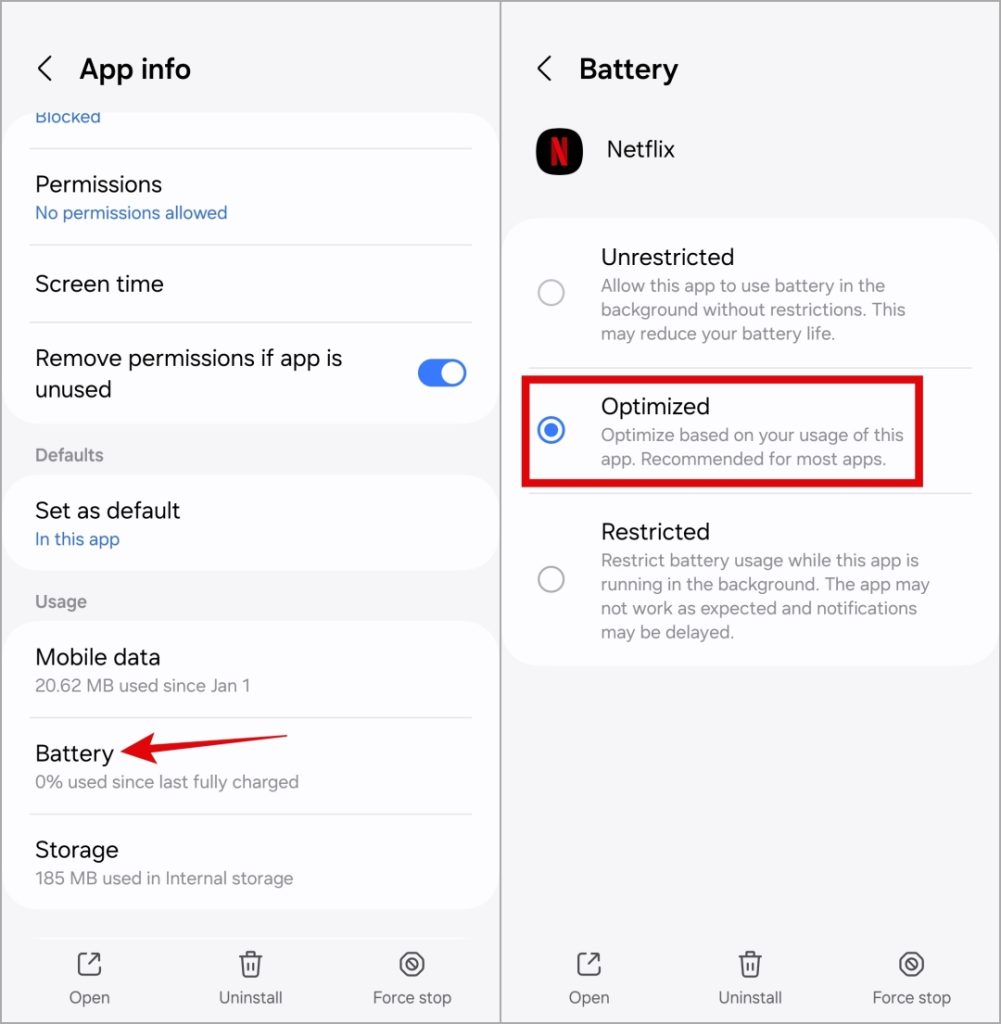 Uso optimizado de la batería para Netflix en Android