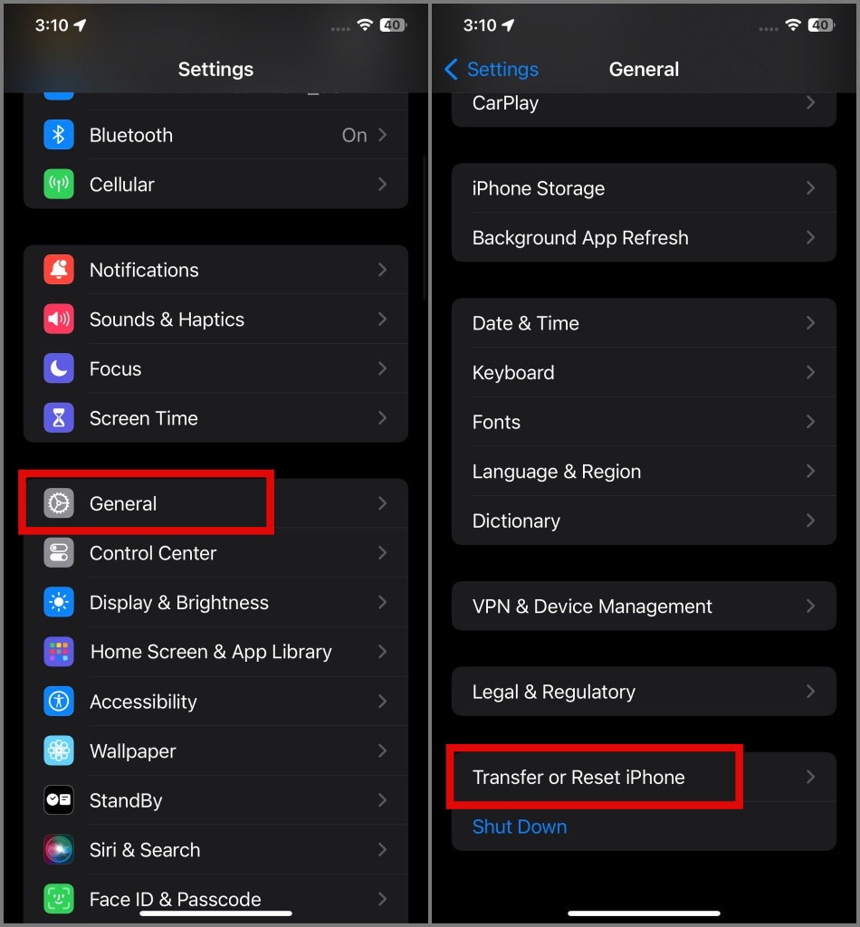 Seleccione Transferir o restablecer la opción de iPhone