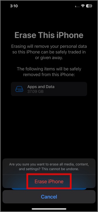 Seleccione la opción Borrar iPhone