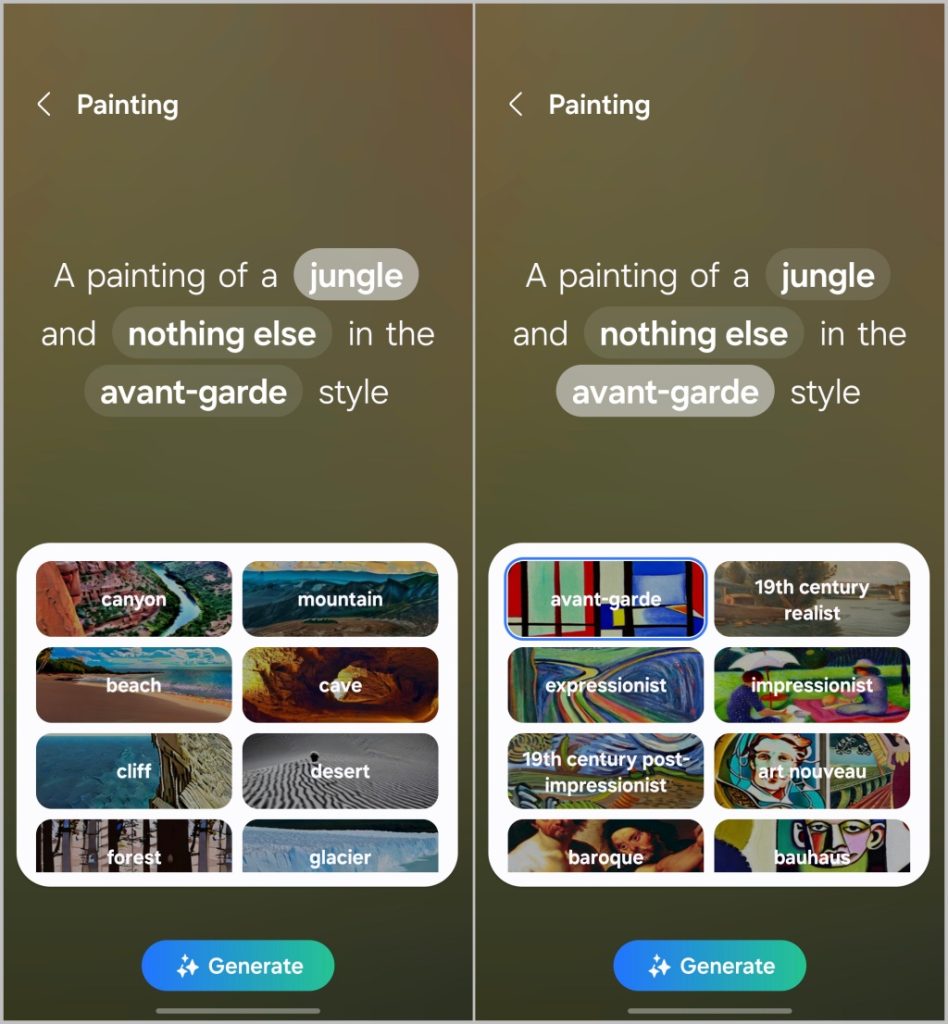 Elegir opciones para generar papel tapiz de IA en Samsung