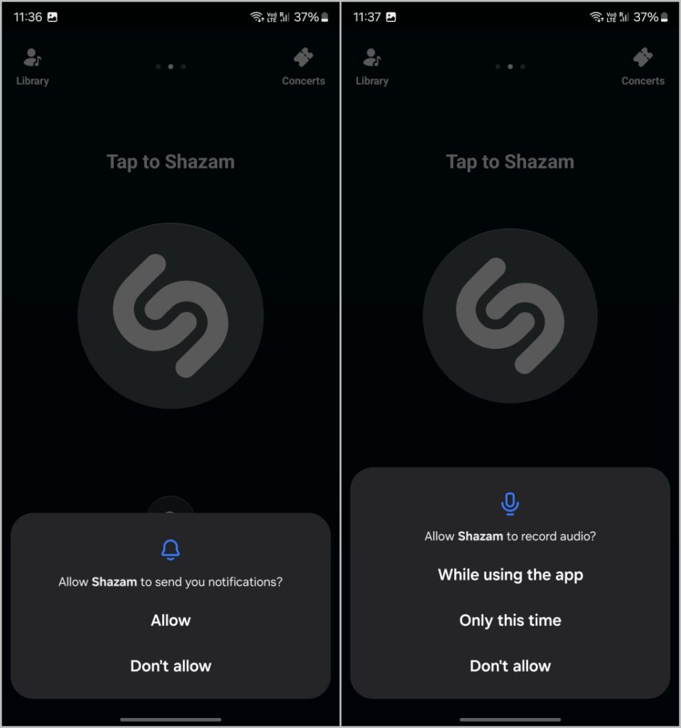 Otorgando permiso en la aplicación Shazam