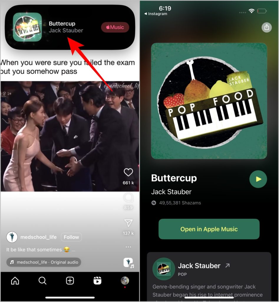 Apertura de la notificación de shazam en iPhone