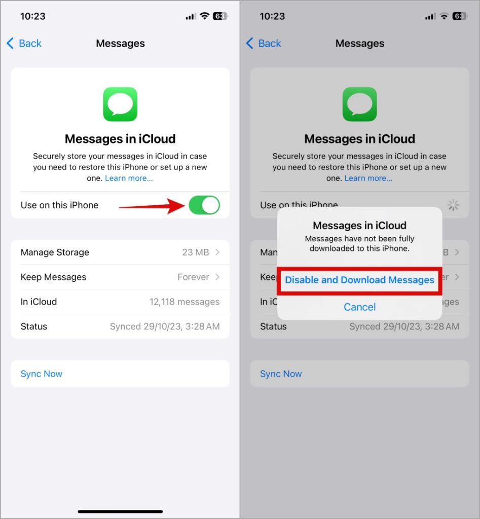 Deshabilitar la sincronización de mensajes iCloud en iPhone