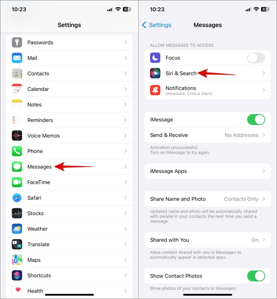 Siri y configuración de búsqueda para mensajes en iPhone