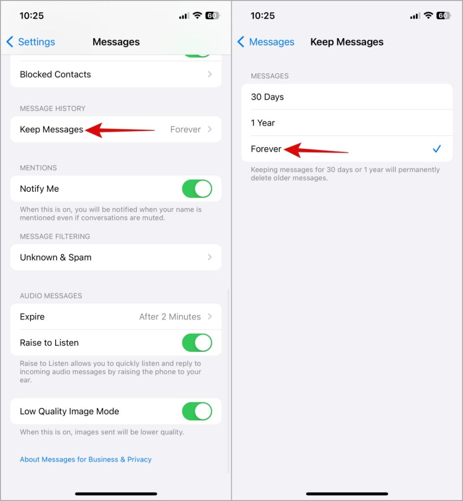 Configurar iPhone para mantener mensajes para siempre