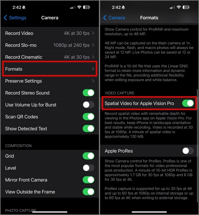 Cambiar el formato para habilitar la grabación de video espacial en el iPhone