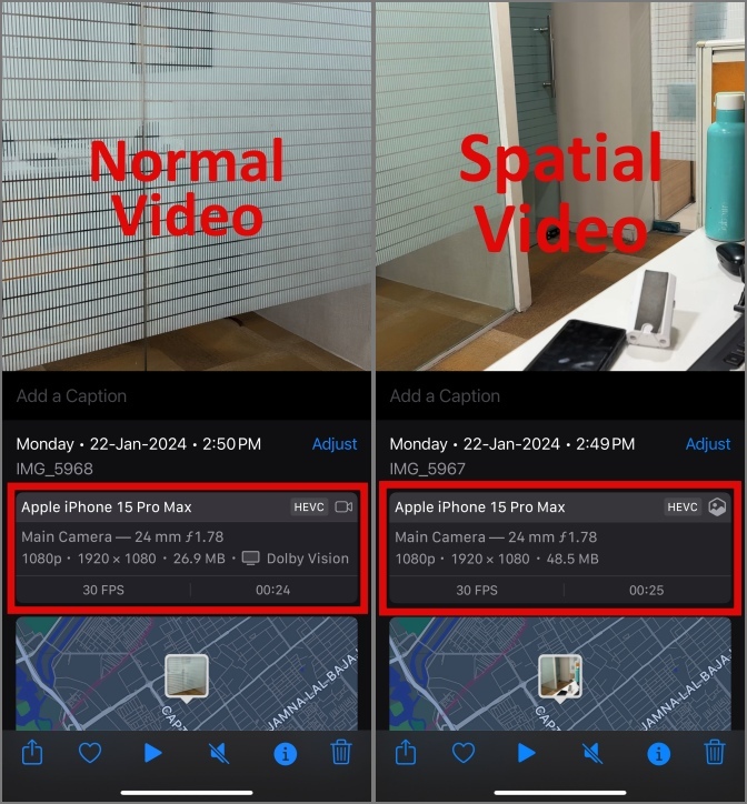 Diferencia en las especificaciones de los videos espaciales grabados y los videos normales en el iPhone 15 Pro Max