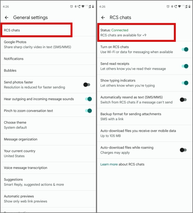 Chats RCS conectados en los mensajes de Google en Android
