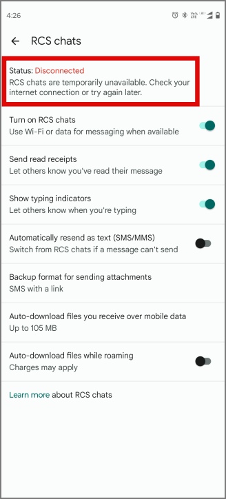 Chats RCS desconectados en los mensajes de Google en Android