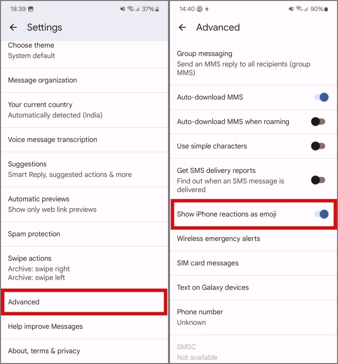Ir a la configuración avanzada y encender las reacciones para mostrar iPhone como emoji alternar en los mensajes de Google