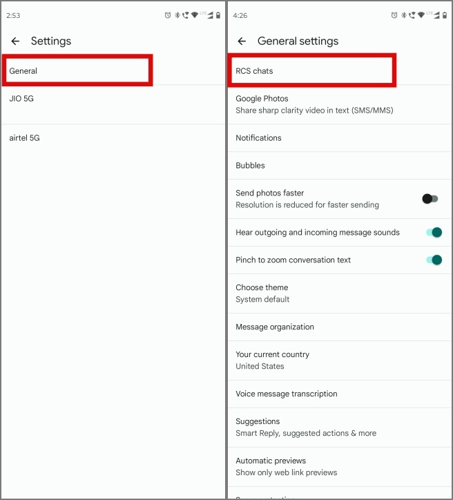Configuración de chats de RCS en la aplicación de mensajes de Google en Android