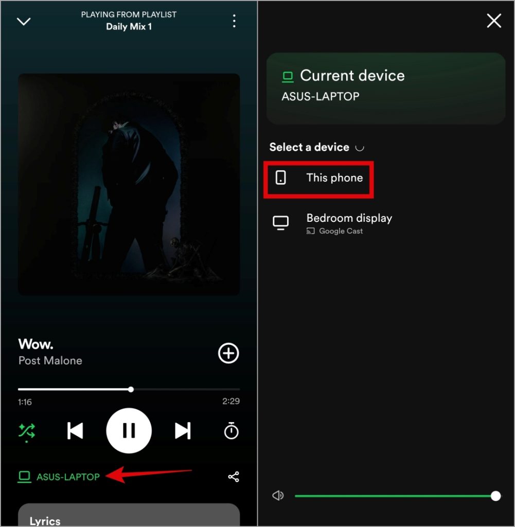 Cambiar el dispositivo de salida de audio en la aplicación móvil Spotify
