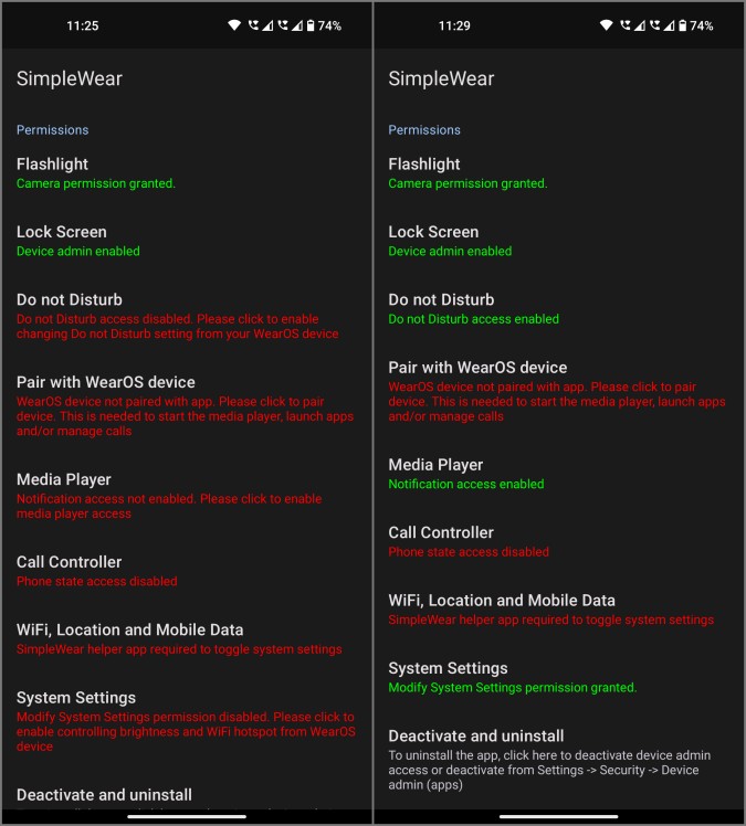 Otorgando permisos para la aplicación SimpleWear en Android
