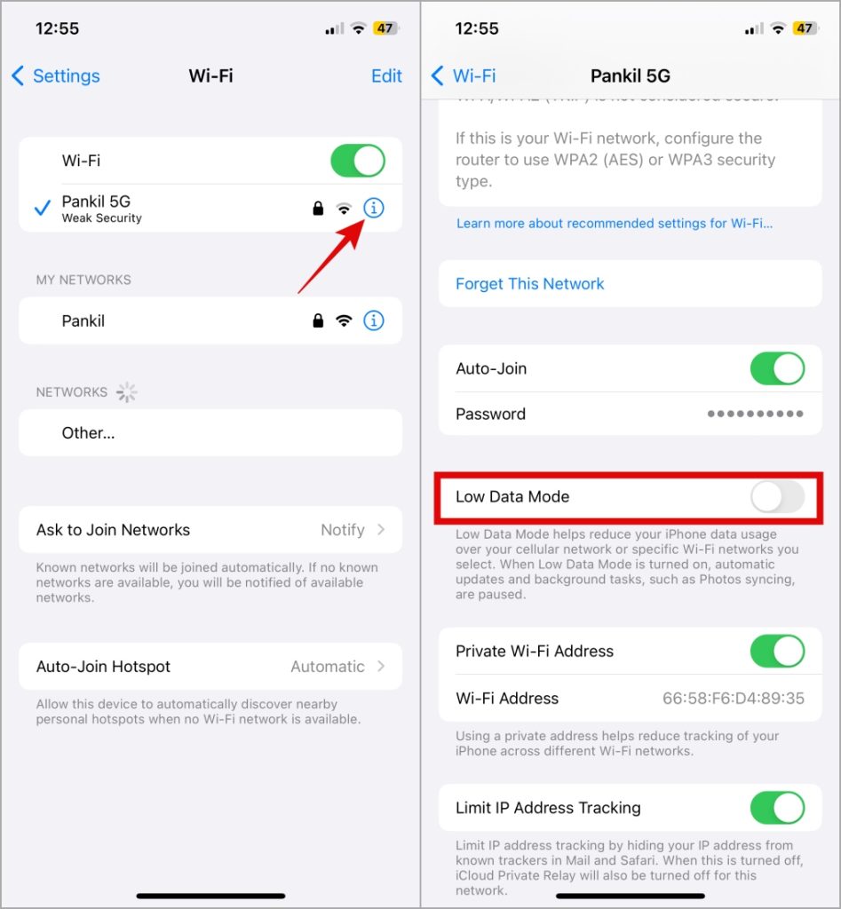 Deshabilitar el modo de datos bajos en Wi-Fi en iPhone