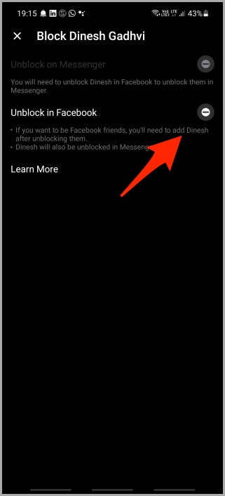 Perfil de desbloqueo en la aplicación móvil de Facebook Messenger