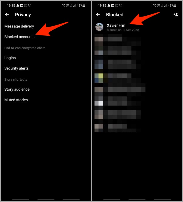 Lista de perfiles en la aplicación Facebook Messenger