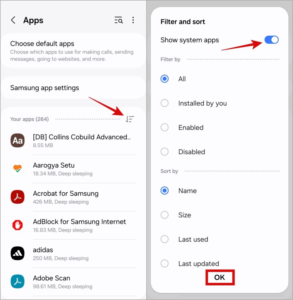 Mostrar aplicaciones del sistema en Android o Samsung Phone