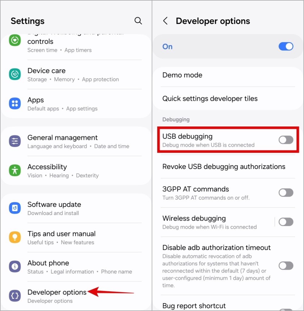 Deshabilitar la depuración USB en Android o Samsung Teléfono