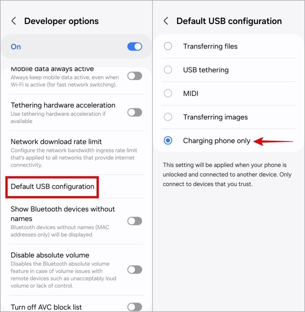 Cambiar la configuración USB predeterminada en el teléfono Samsung Galaxy