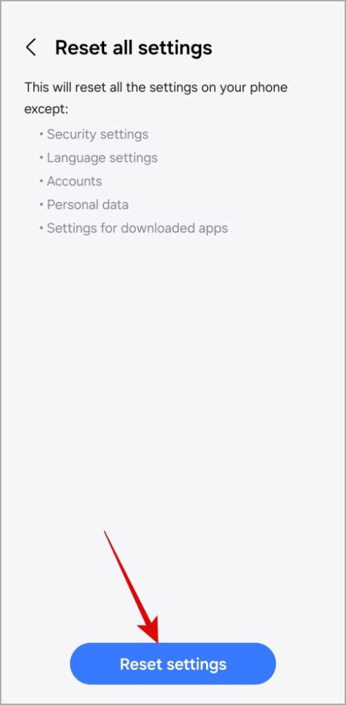 Confirme Restablecer todas las configuraciones en Android