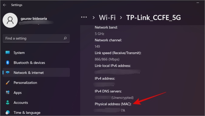 Dirección MAC de la computadora Windows en la configuración de red