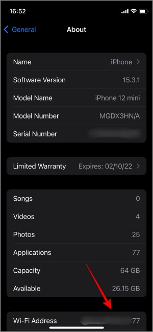 Dirección de iPhone MAC en la configuración