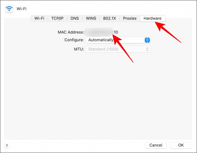 Dirección MAC bajo hardware en preferencias del sistema en macOS